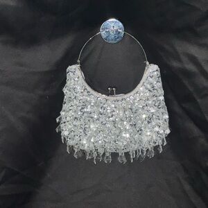 Silver Mini Crescent Bag with Fringe